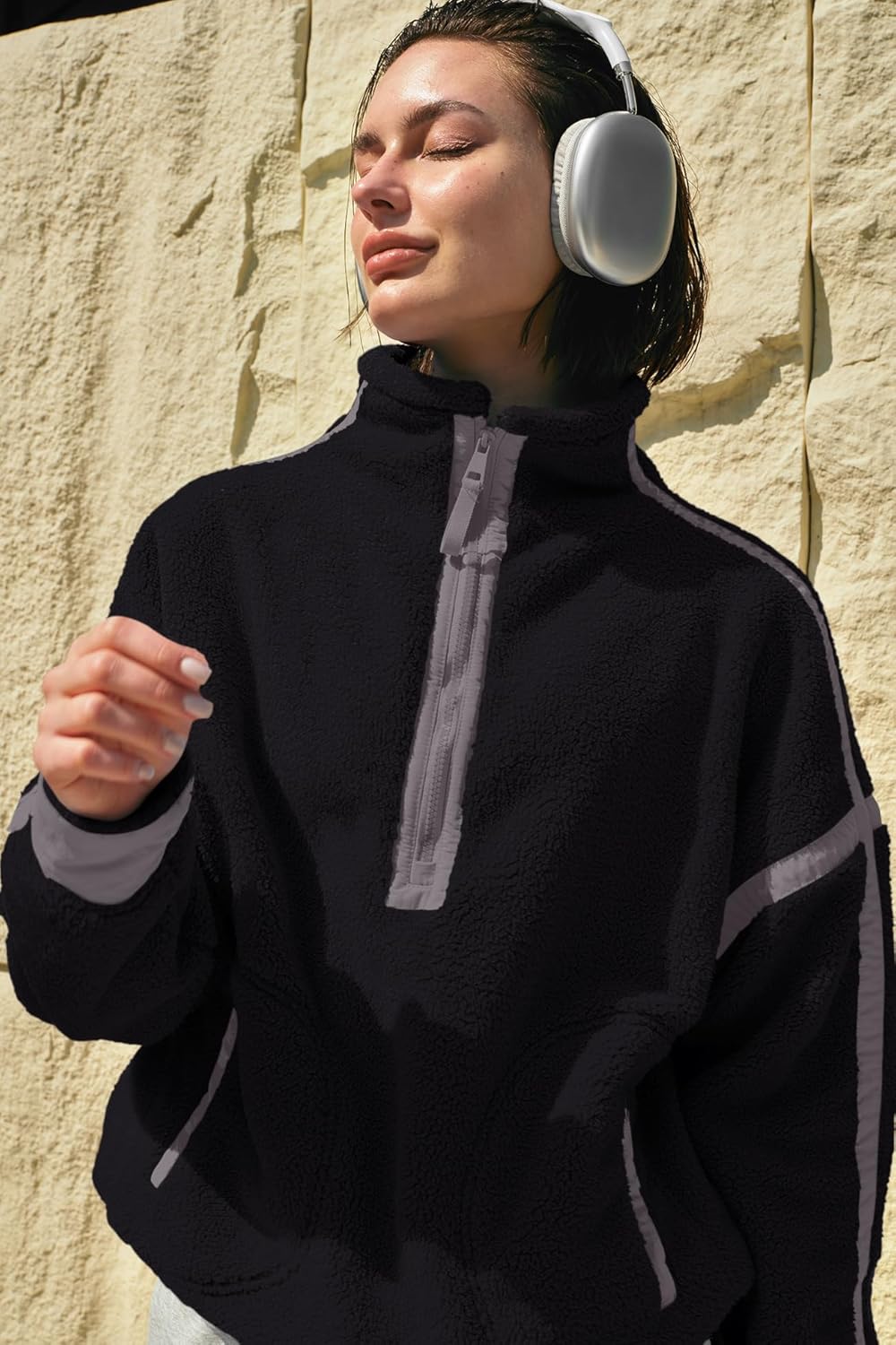 Panadila Women's Oversized Half Zip Sherpa Fleece Pullover Soft Fuzzy Sweatshirt with Pockets