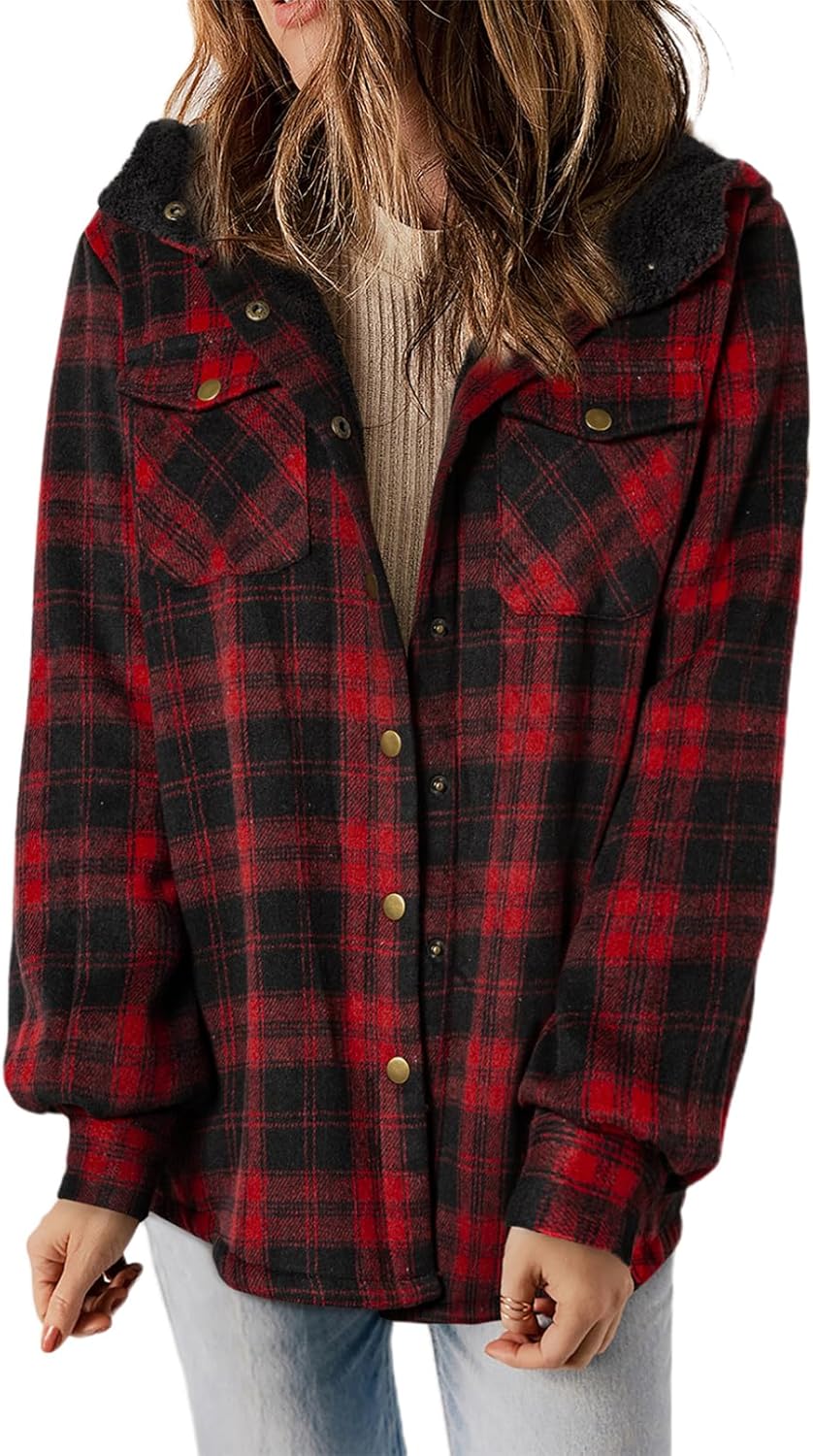 Dokotoo Women's Plaid Fleece Hooded Shacket Long Sleeve Button Down Warm Jacket Coat