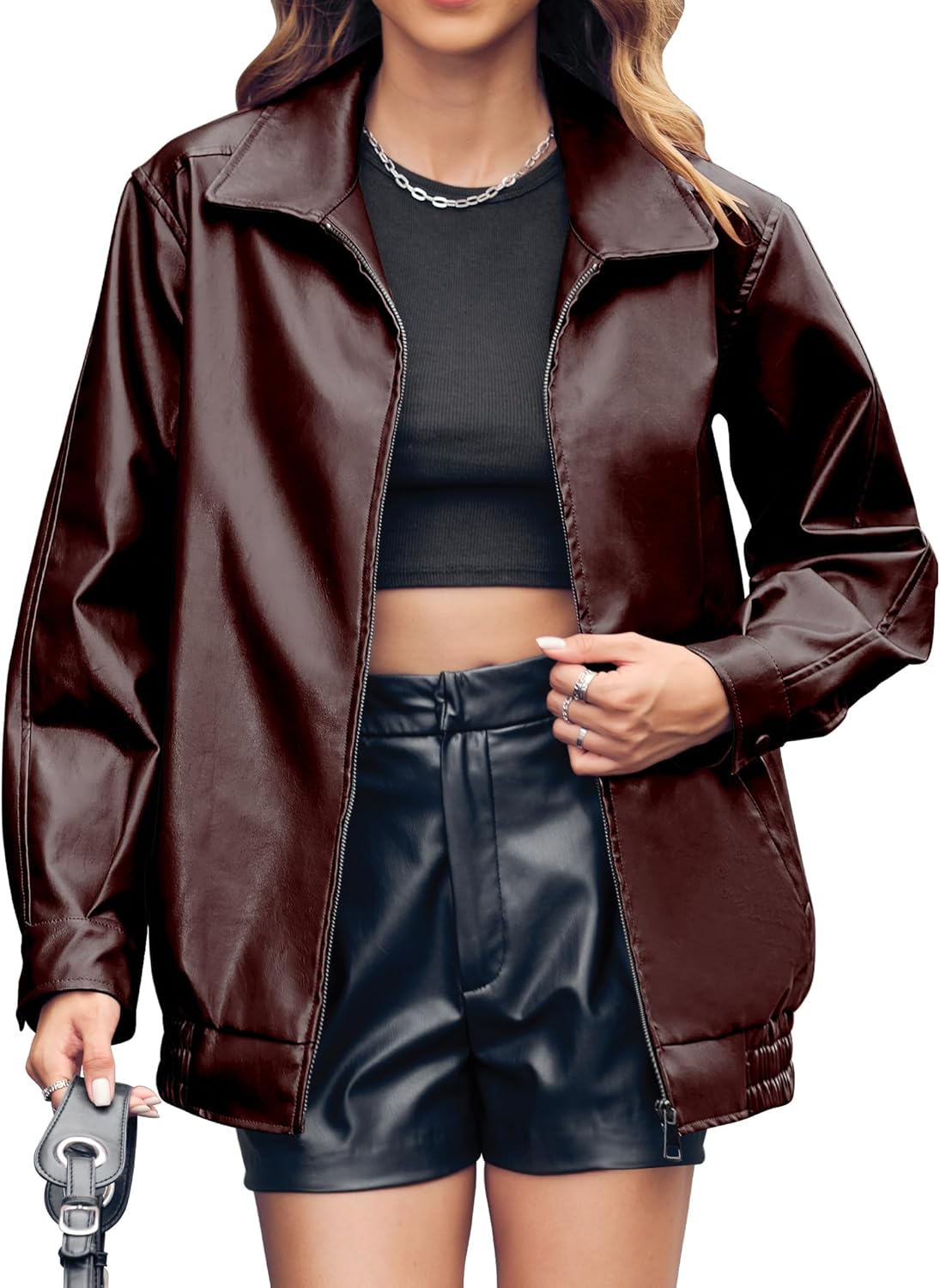 Miladusa Women's Oversized Faux Leather Zip-Up Bomber Motorcycle Jacket with Pockets