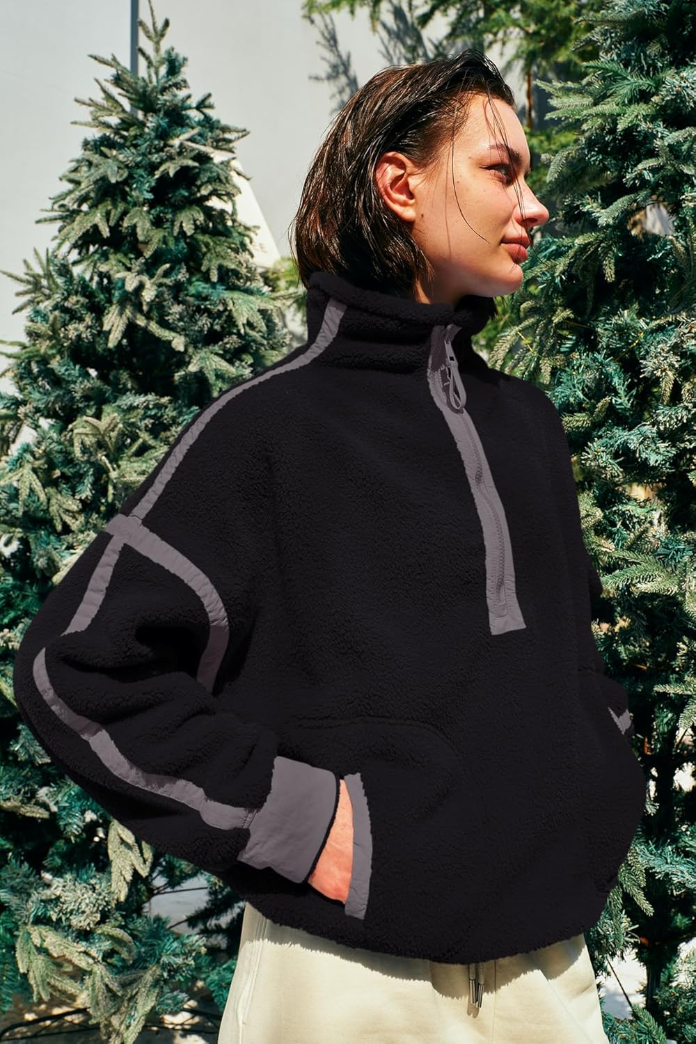 Panadila Women's Oversized Half Zip Sherpa Fleece Pullover Soft Fuzzy Sweatshirt with Pockets