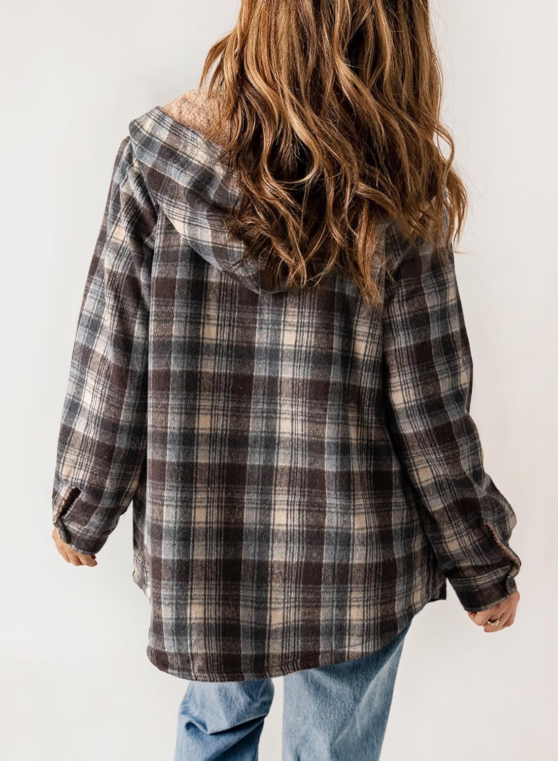 Dokotoo Women's Plaid Fleece Hooded Shacket Long Sleeve Button Down Warm Jacket Coat