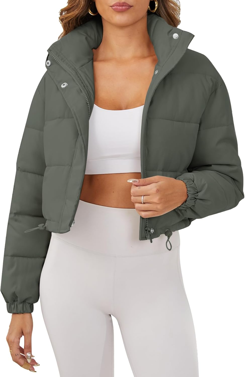 Women's Cropped Quilted Puffer Jacket Long Sleeve Stand Collar Zip-Up Puffy Coat with Drawstring & Pockets
