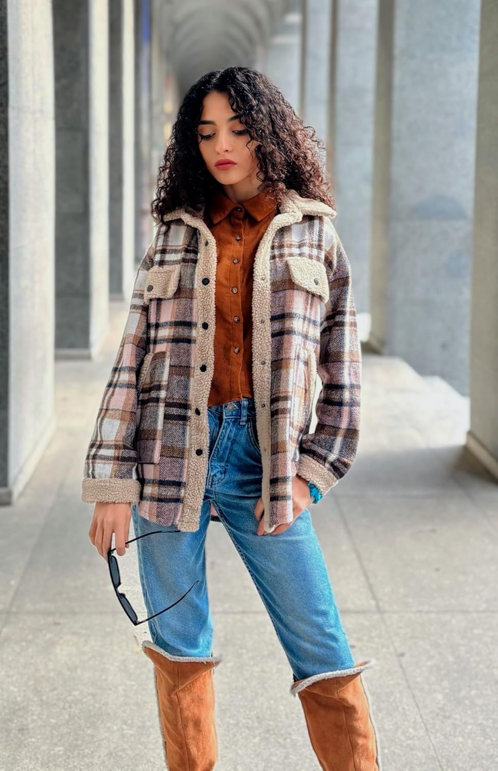 Zeagoo Women's Plaid Flannel Sherpa Lined Shacket Fleece Button Down Cozy Warm Fall Winter Jacket Coat S-XXL