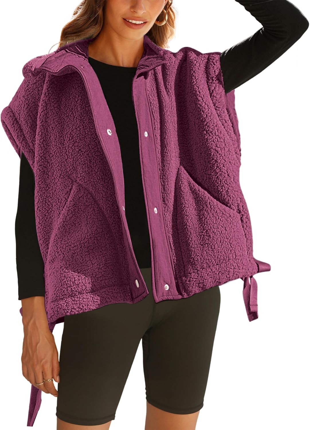 OPCAKM Women's Oversized Fuzzy Fleece Sherpa Vest Button Down Sleeveless Jacket with Pockets
