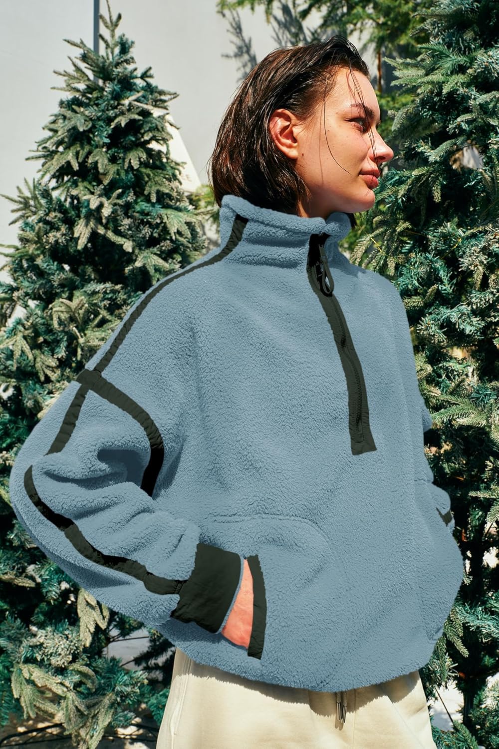 Panadila Women's Oversized Half Zip Sherpa Fleece Pullover Soft Fuzzy Sweatshirt with Pockets