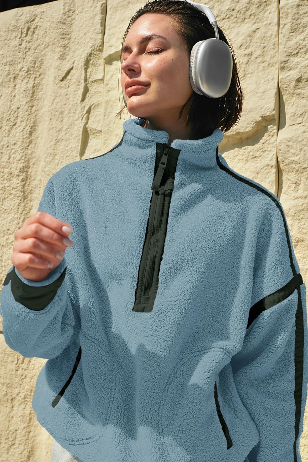 Panadila Women's Oversized Half Zip Sherpa Fleece Pullover Soft Fuzzy Sweatshirt with Pockets