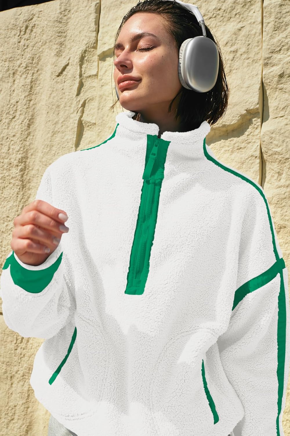 Panadila Women's Oversized Half Zip Sherpa Fleece Pullover Soft Fuzzy Sweatshirt with Pockets