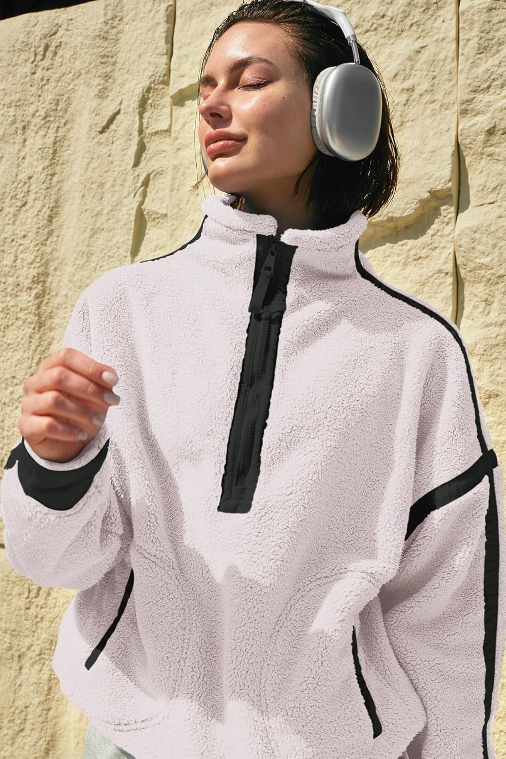 Panadila Women's Oversized Half Zip Sherpa Fleece Pullover Soft Fuzzy Sweatshirt with Pockets