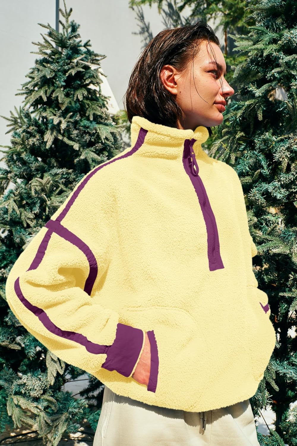 Panadila Women's Oversized Half Zip Sherpa Fleece Pullover Soft Fuzzy Sweatshirt with Pockets