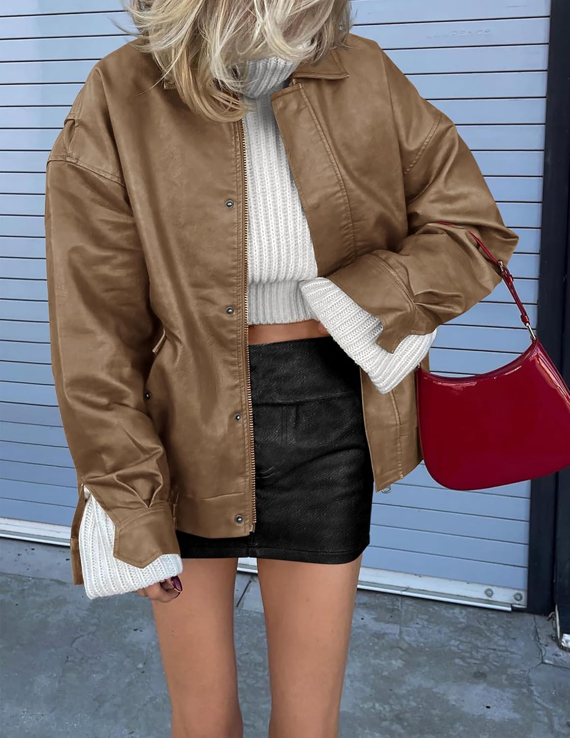 PRETTYGARDEN Women's Oversized Faux Leather Motorcycle Jacket Zip-Up Fall Spring Winter Coat Outerwear