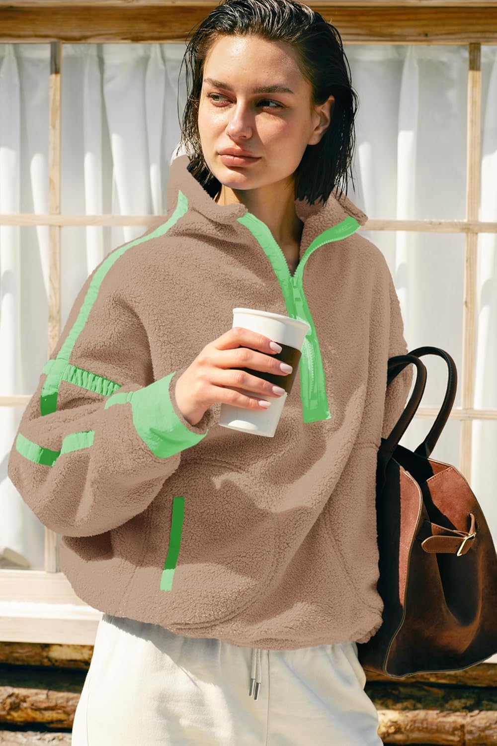 Panadila Women's Oversized Half Zip Sherpa Fleece Pullover Soft Fuzzy Sweatshirt with Pockets