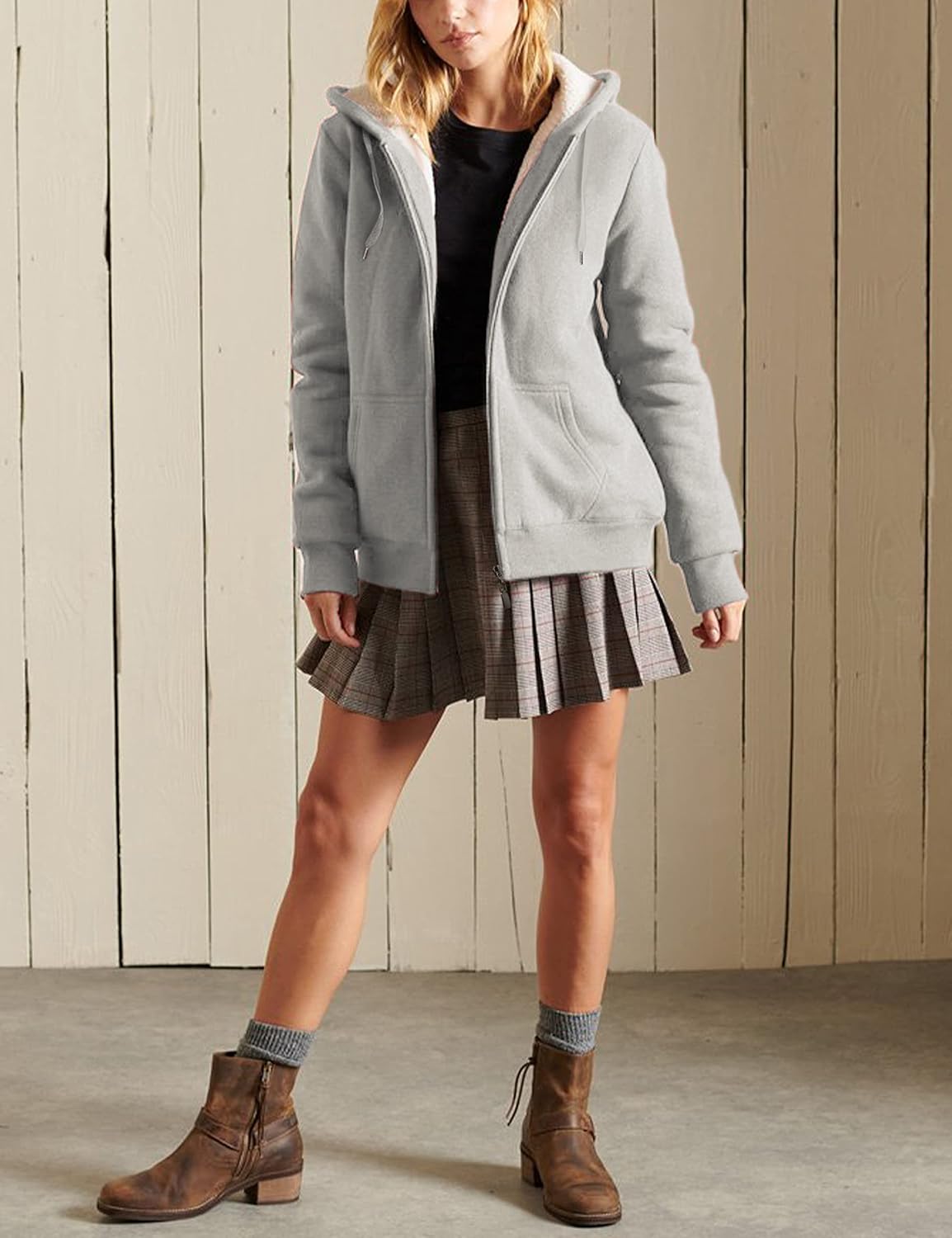 Yeokou Women's Casual Sherpa-Lined Full Zip Hoodie Jacket