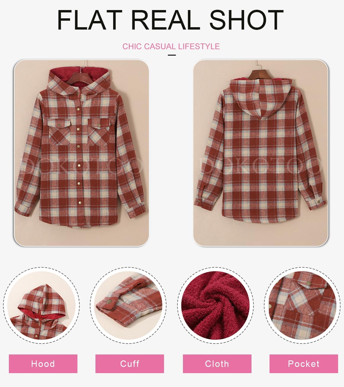 Dokotoo Women's Plaid Fleece Hooded Shacket Long Sleeve Button Down Warm Jacket Coat