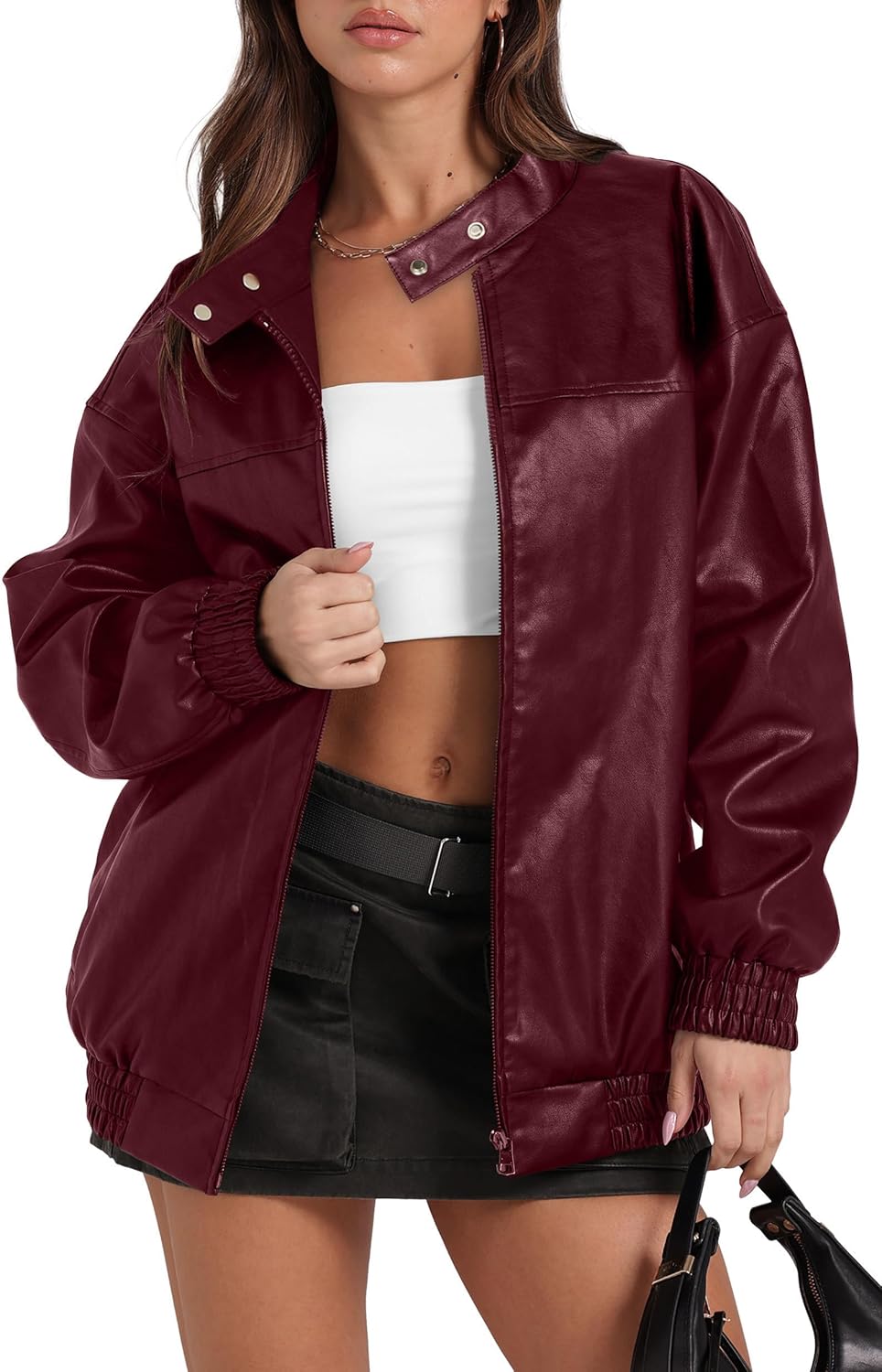 Sampeel Women's Faux Leather Oversized Motorcycle Jacket 2025 Fall Fashion Bomber Coat Winter Outfit