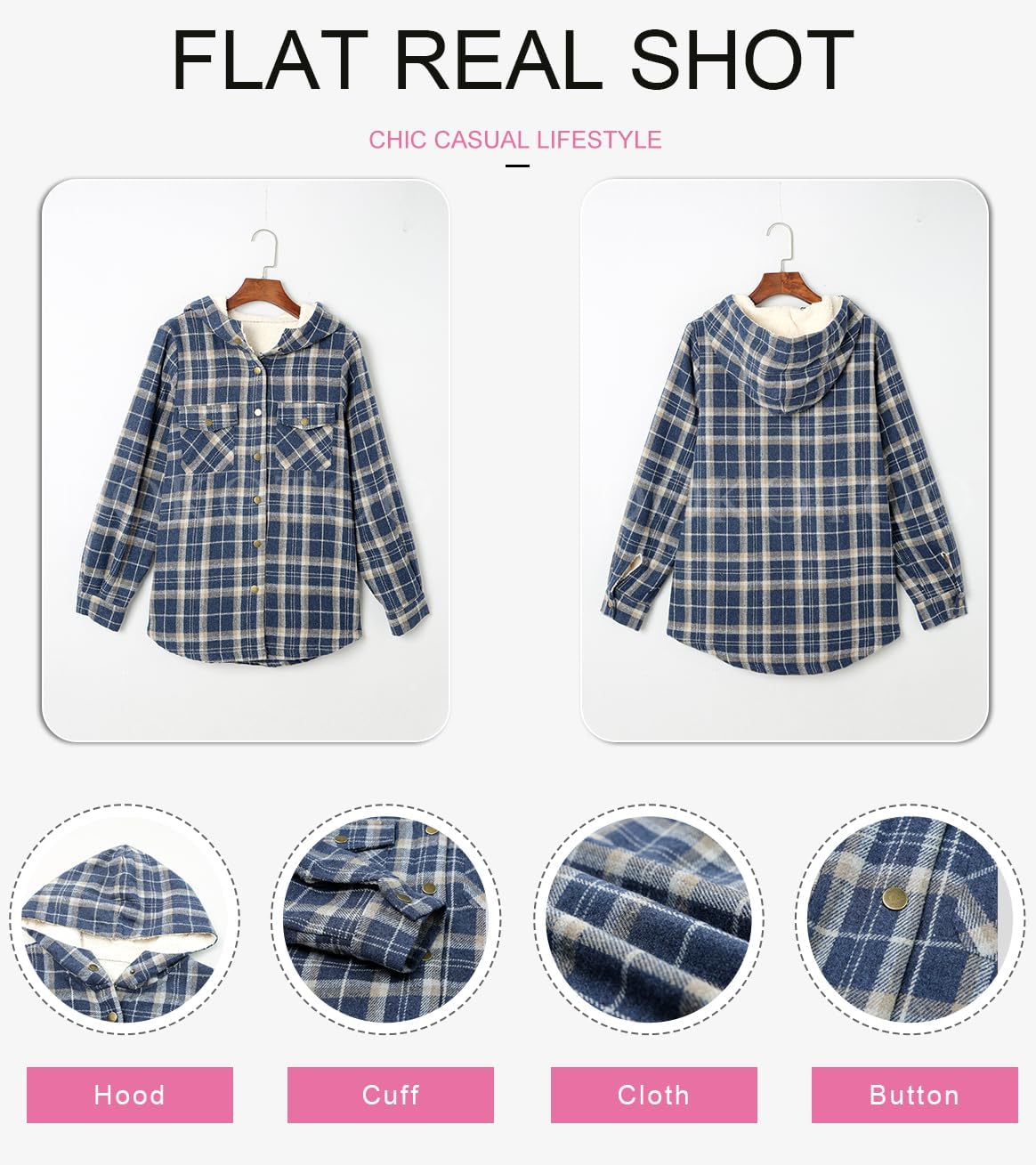 Dokotoo Women's Plaid Fleece Hooded Shacket Long Sleeve Button Down Warm Jacket Coat