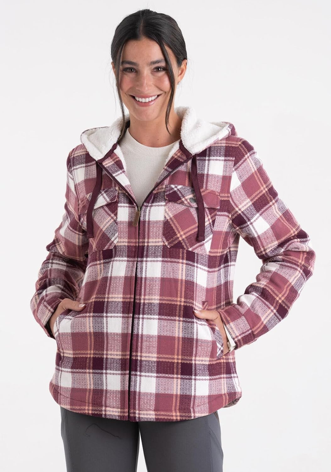 Legendary Whitetails Women's Berber-Lined Hooded Shacket Button Down Shirt Jacket with Drawstring Hood