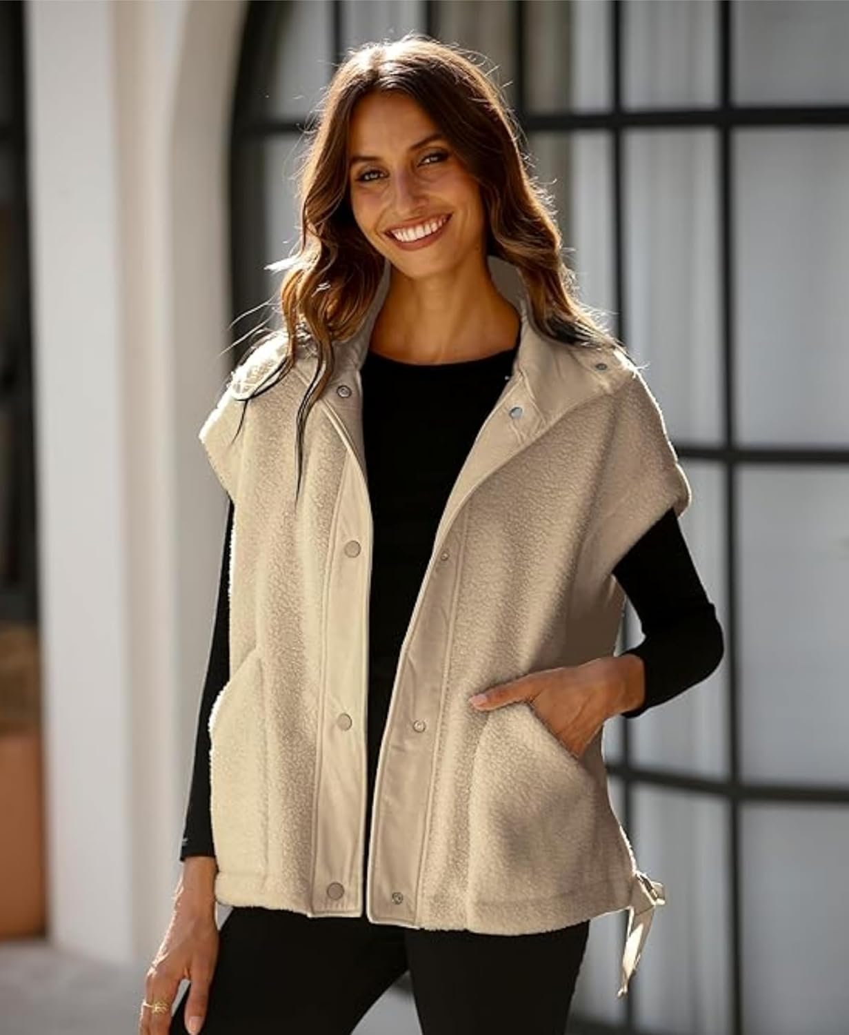 OPCAKM Women's Oversized Fuzzy Fleece Sherpa Vest Button Down Sleeveless Jacket with Pockets