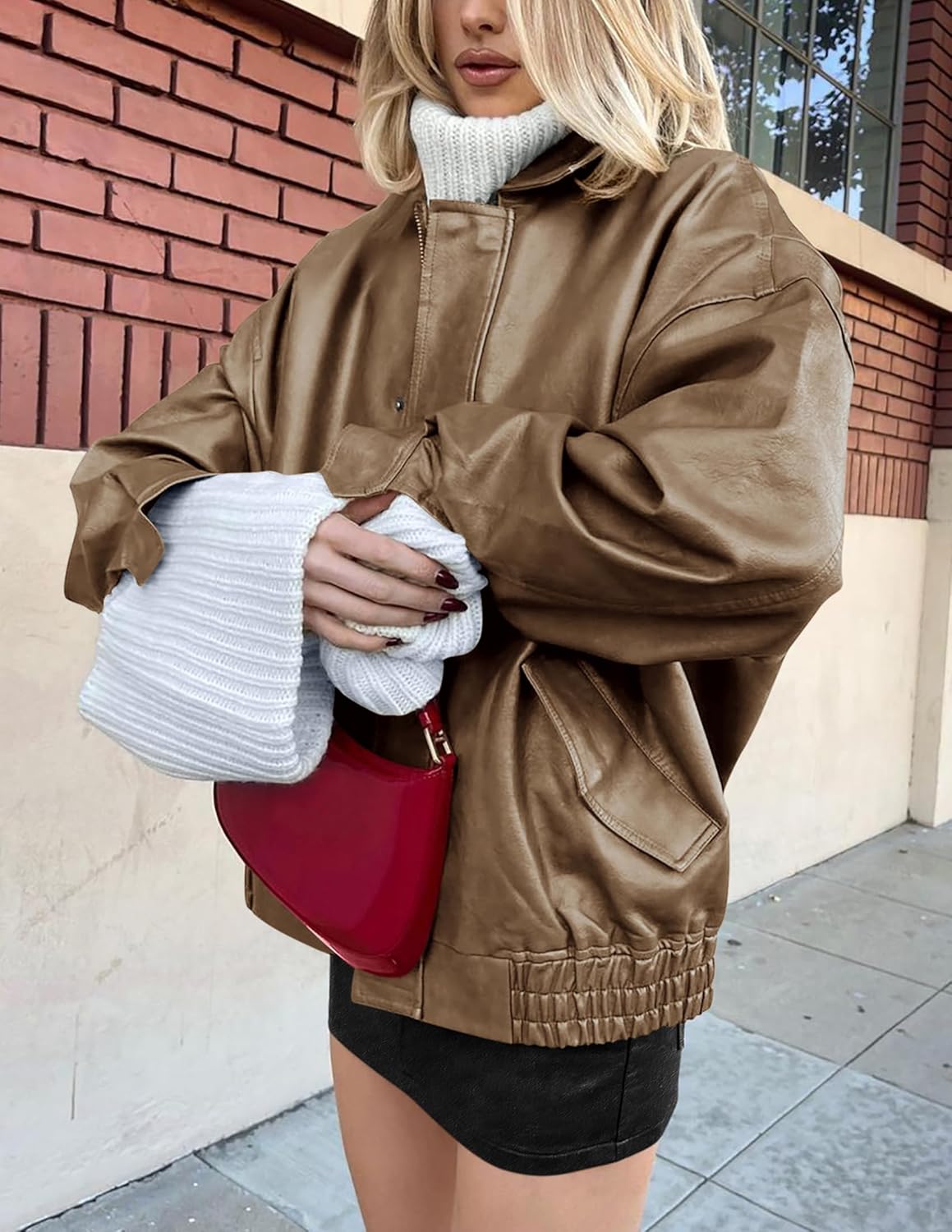 PRETTYGARDEN Women's Oversized Faux Leather Motorcycle Jacket Zip-Up Fall Spring Winter Coat Outerwear