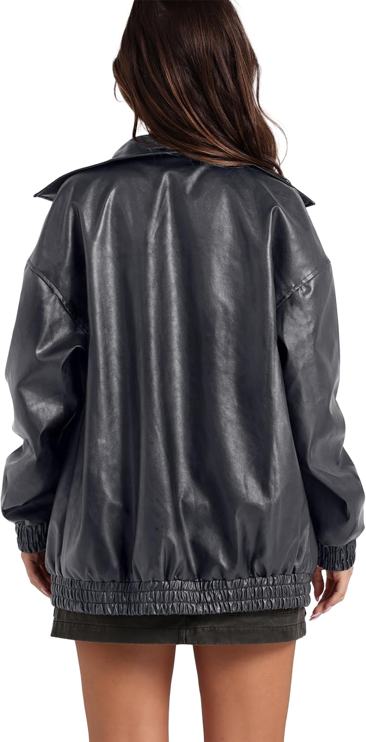Sampeel Women's Faux Leather Oversized Motorcycle Jacket 2025 Fall Fashion Bomber Coat Winter Outfit