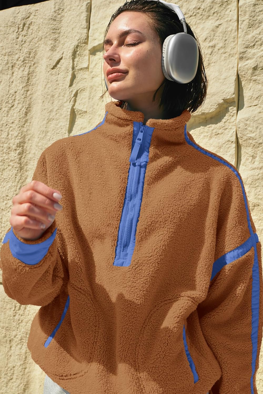 Panadila Women's Oversized Half Zip Sherpa Fleece Pullover Soft Fuzzy Sweatshirt with Pockets