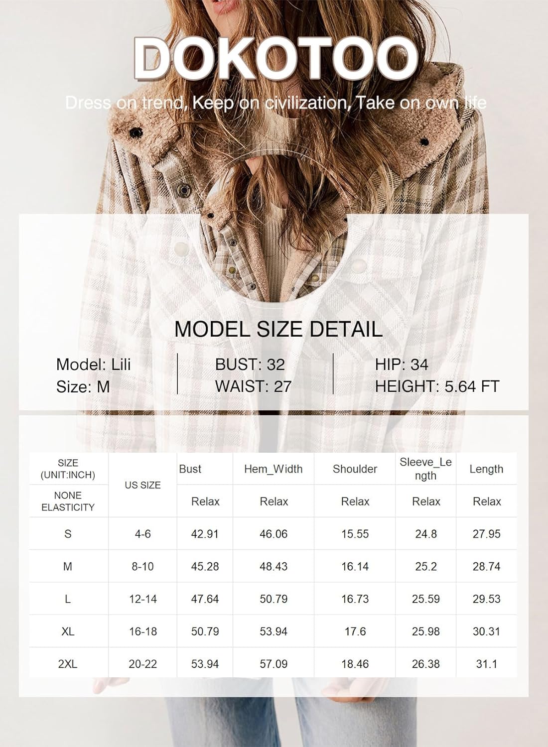 Dokotoo Women's Plaid Fleece Hooded Shacket Long Sleeve Button Down Warm Jacket Coat