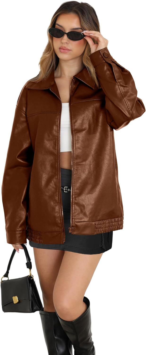 WIHOLL Women's Oversized Faux Suede Leather Jacket Fall Motorcycle Coat Winter Fashion Outfit Y2K Top