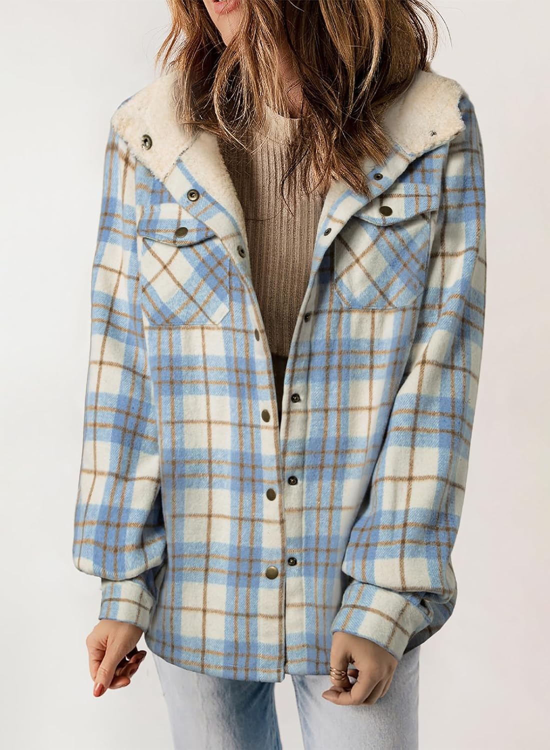 Dokotoo Women's Plaid Fleece Hooded Shacket Long Sleeve Button Down Warm Jacket Coat