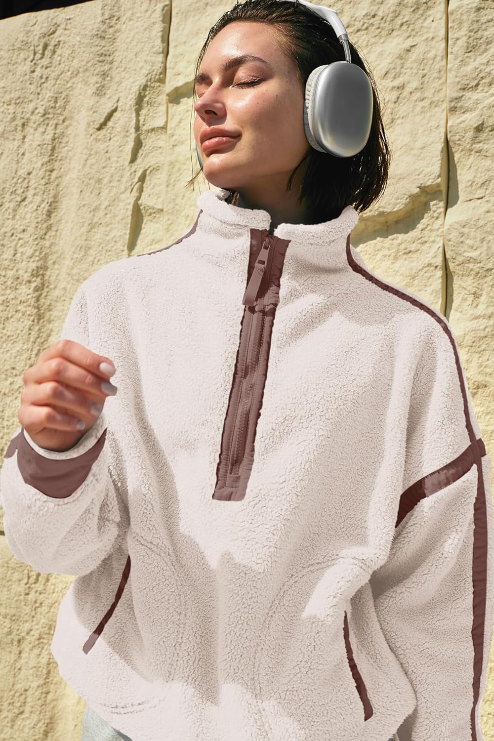 Panadila Women's Oversized Half Zip Sherpa Fleece Pullover Soft Fuzzy Sweatshirt with Pockets