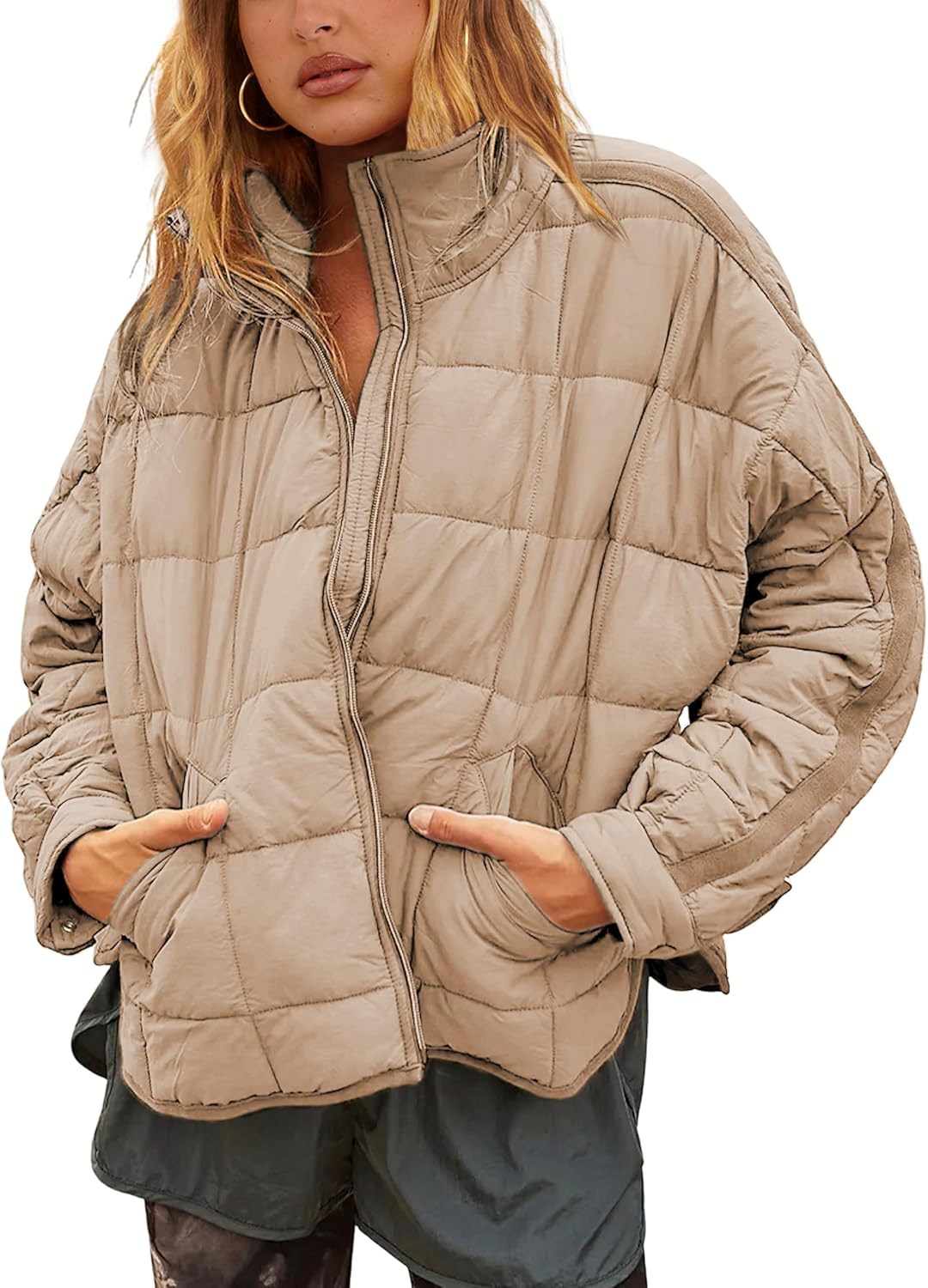 Bianstore Women's Oversized Quilted Splice Lightweight Puffer Jacket Casual Padded Coat