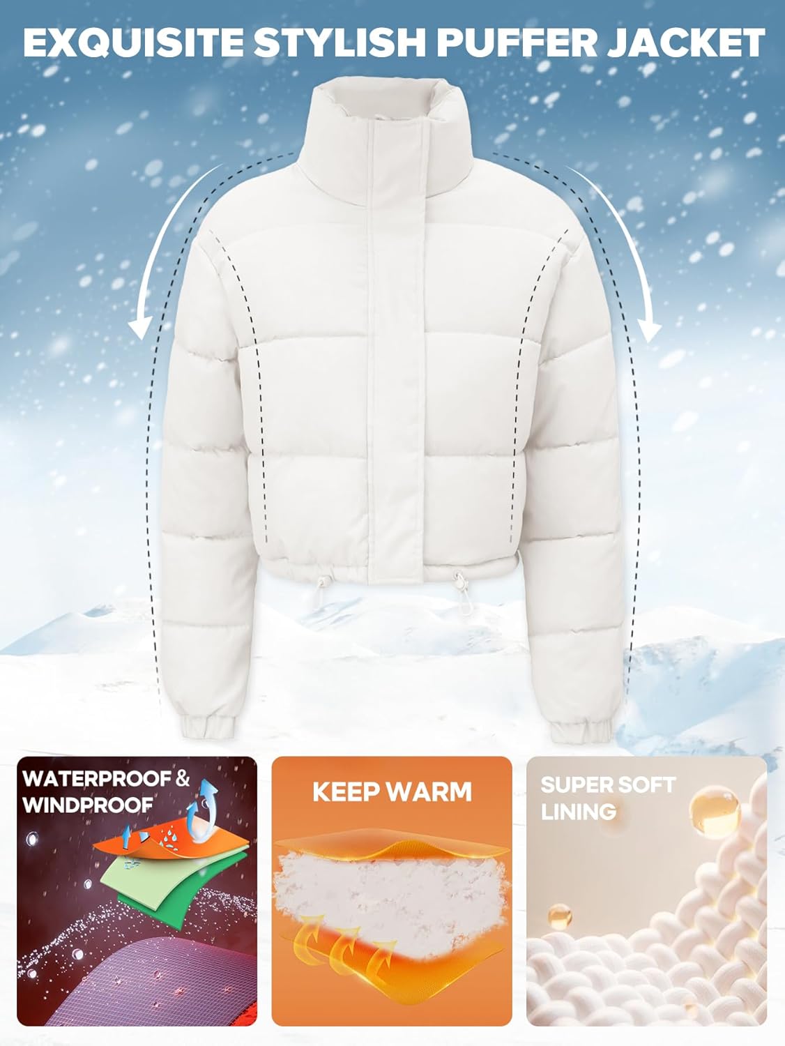 Women's Cropped Quilted Puffer Jacket Long Sleeve Stand Collar Zip-Up Puffy Coat with Drawstring & Pockets