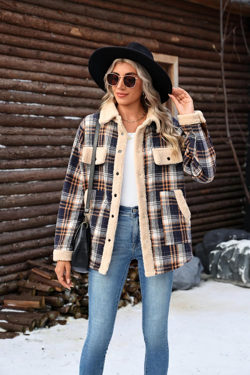 Zeagoo Women's Plaid Flannel Sherpa Lined Shacket Fleece Button Down Cozy Warm Fall Winter Jacket Coat S-XXL