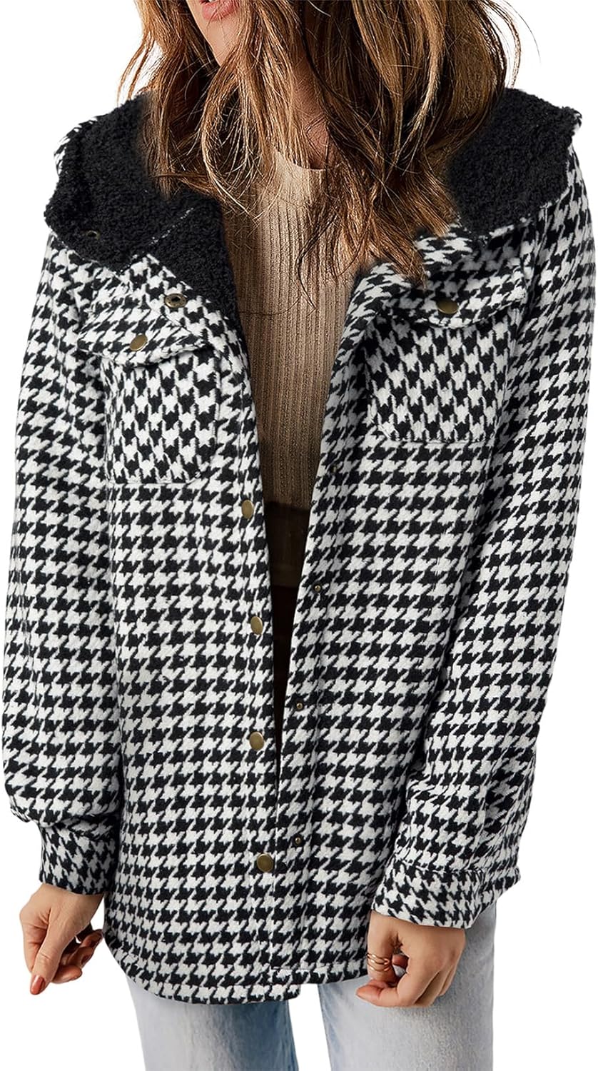 Dokotoo Women's Plaid Fleece Hooded Shacket Long Sleeve Button Down Warm Jacket Coat