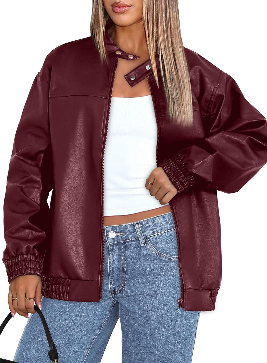 Sampeel Women's Faux Leather Oversized Motorcycle Jacket 2025 Fall Fashion Bomber Coat Winter Outfit