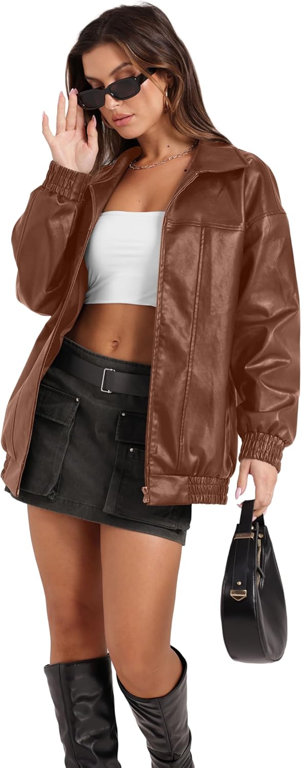 Sampeel Women's Faux Leather Oversized Motorcycle Jacket 2025 Fall Fashion Bomber Coat Winter Outfit