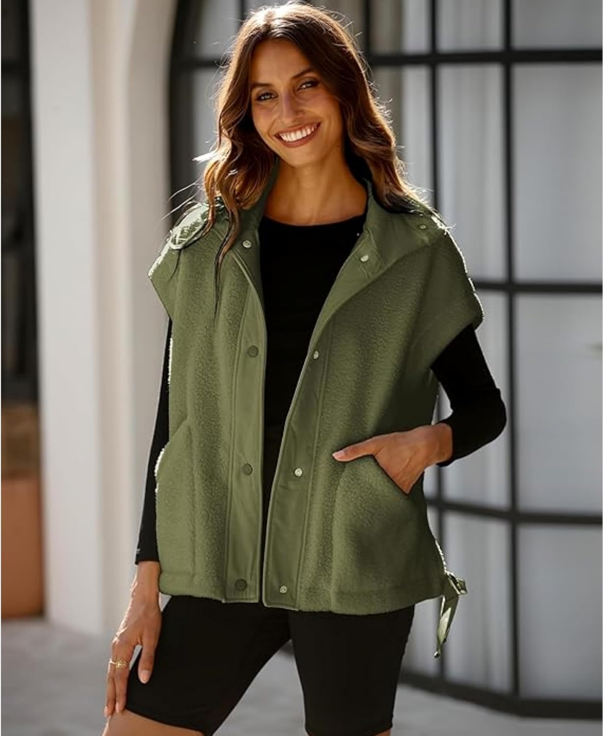 OPCAKM Women's Oversized Fuzzy Fleece Sherpa Vest Button Down Sleeveless Jacket with Pockets