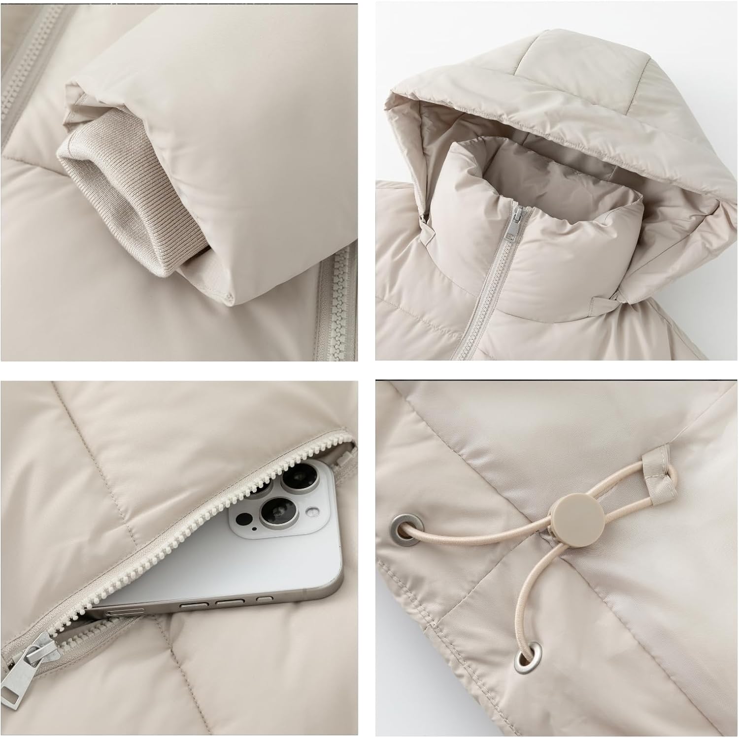 Women's Cropped Quilted Puffer Jacket with Removable Hood and Zippered Pockets Short Winter Coat