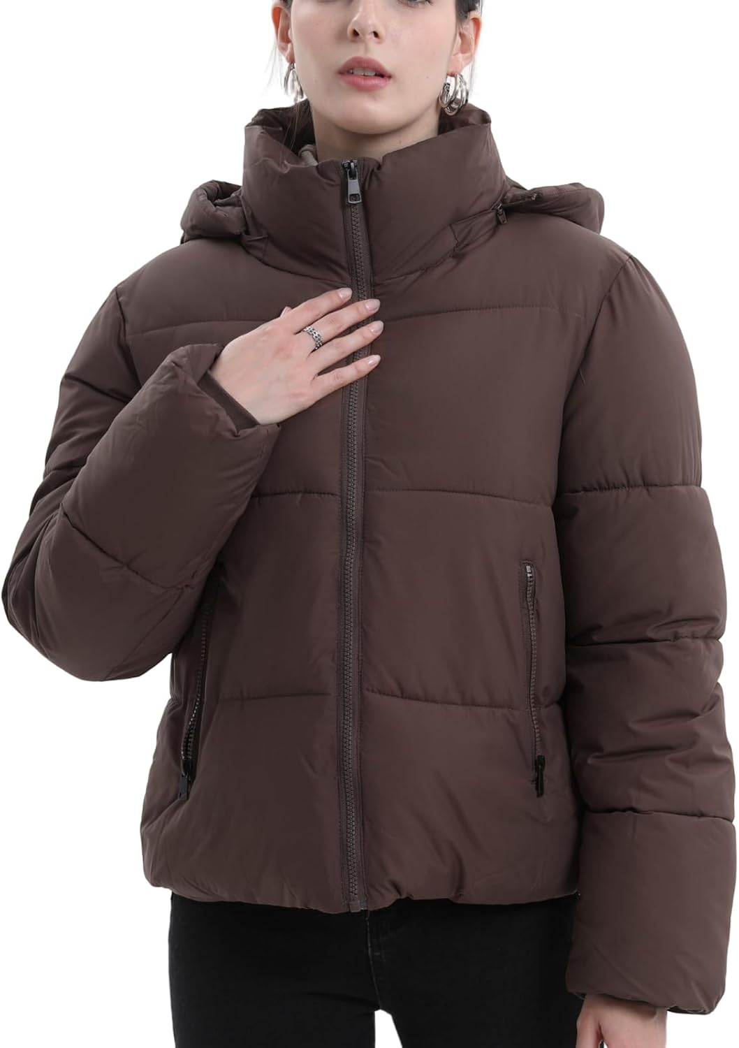 Women's Cropped Quilted Puffer Jacket with Removable Hood and Zippered Pockets Short Winter Coat