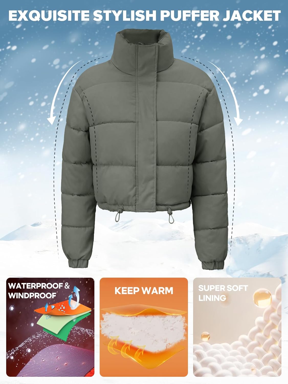 Women's Cropped Quilted Puffer Jacket Long Sleeve Stand Collar Zip-Up Puffy Coat with Drawstring & Pockets