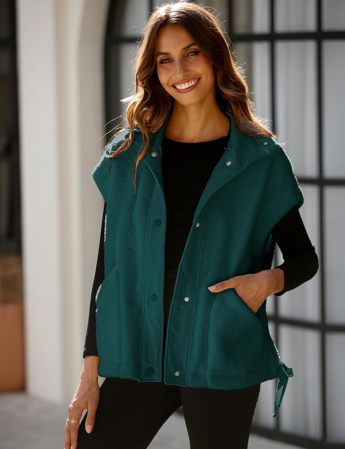 OPCAKM Women's Oversized Fuzzy Fleece Sherpa Vest Button Down Sleeveless Jacket with Pockets