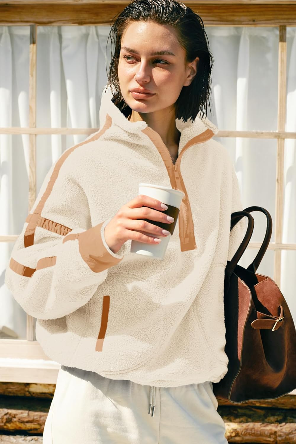 Panadila Women's Oversized Half Zip Sherpa Fleece Pullover Soft Fuzzy Sweatshirt with Pockets