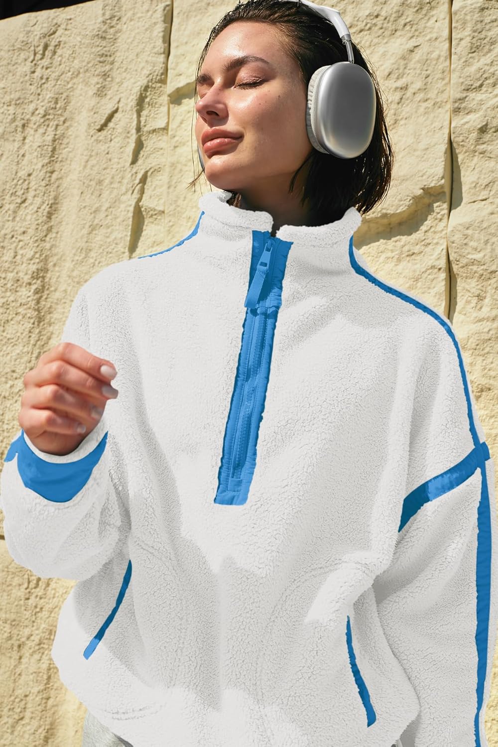 Panadila Women's Oversized Half Zip Sherpa Fleece Pullover Soft Fuzzy Sweatshirt with Pockets