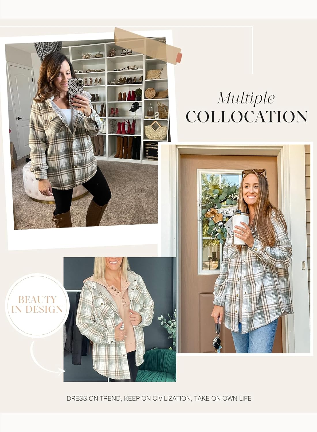 Dokotoo Women's Plaid Fleece Hooded Shacket Long Sleeve Button Down Warm Jacket Coat