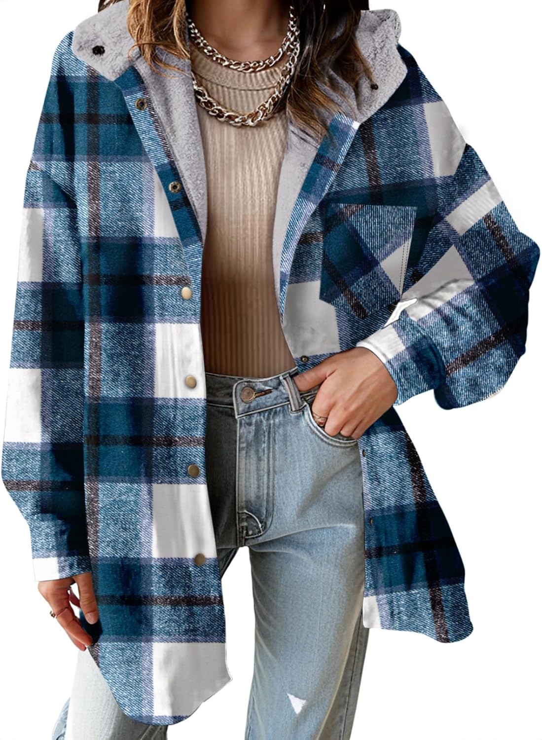 Dokotoo Women's 2025 Flannel Plaid Hooded Shacket Thick Fleece Button Down Winter Jacket Coat for Warmth