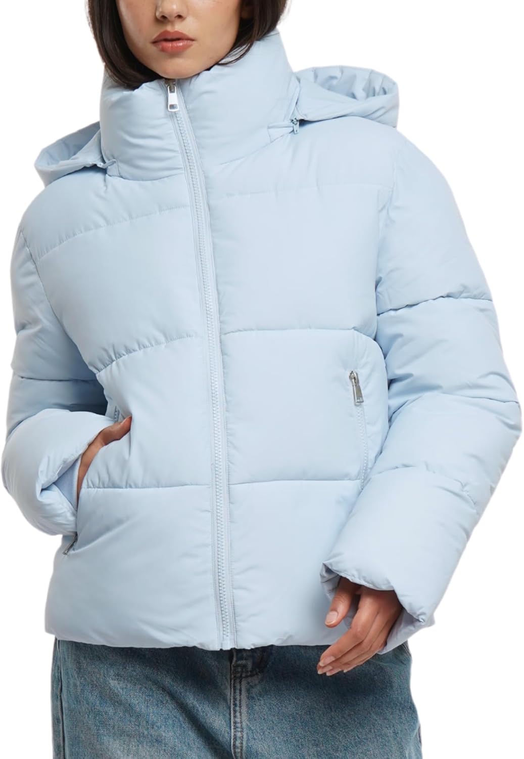Women's Cropped Quilted Puffer Jacket with Removable Hood and Zippered Pockets Short Winter Coat