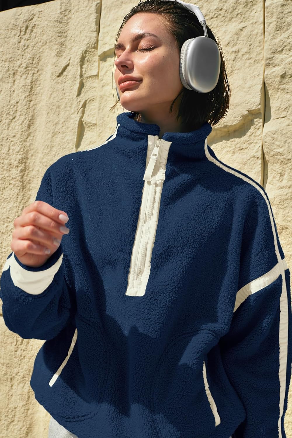 Panadila Women's Oversized Half Zip Sherpa Fleece Pullover Soft Fuzzy Sweatshirt with Pockets