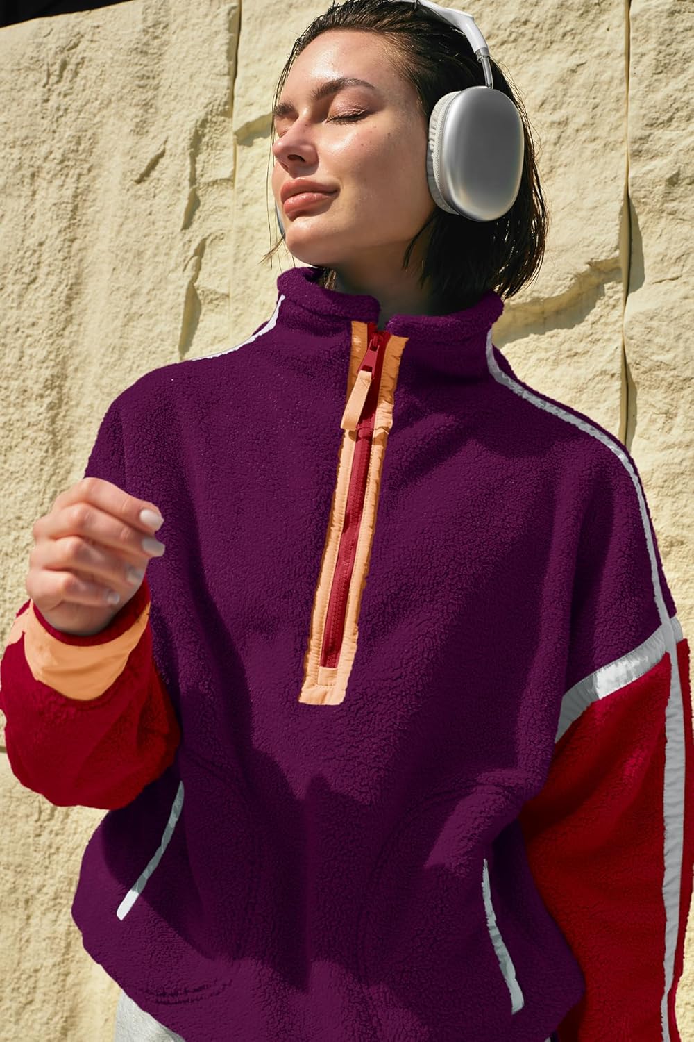 Panadila Women's Oversized Half Zip Sherpa Fleece Pullover Soft Fuzzy Sweatshirt with Pockets