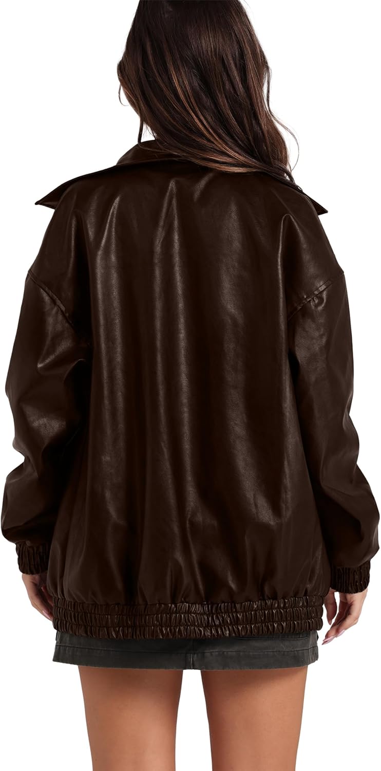 Sampeel Women's Faux Leather Oversized Motorcycle Jacket 2025 Fall Fashion Bomber Coat Winter Outfit