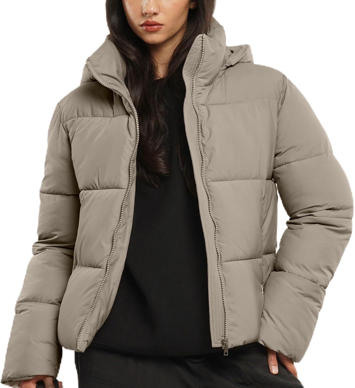 Women's Cropped Quilted Puffer Jacket with Removable Hood and Zippered Pockets Short Winter Coat