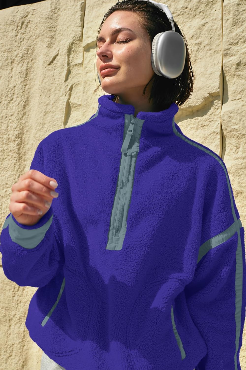 Panadila Women's Oversized Half Zip Sherpa Fleece Pullover Soft Fuzzy Sweatshirt with Pockets