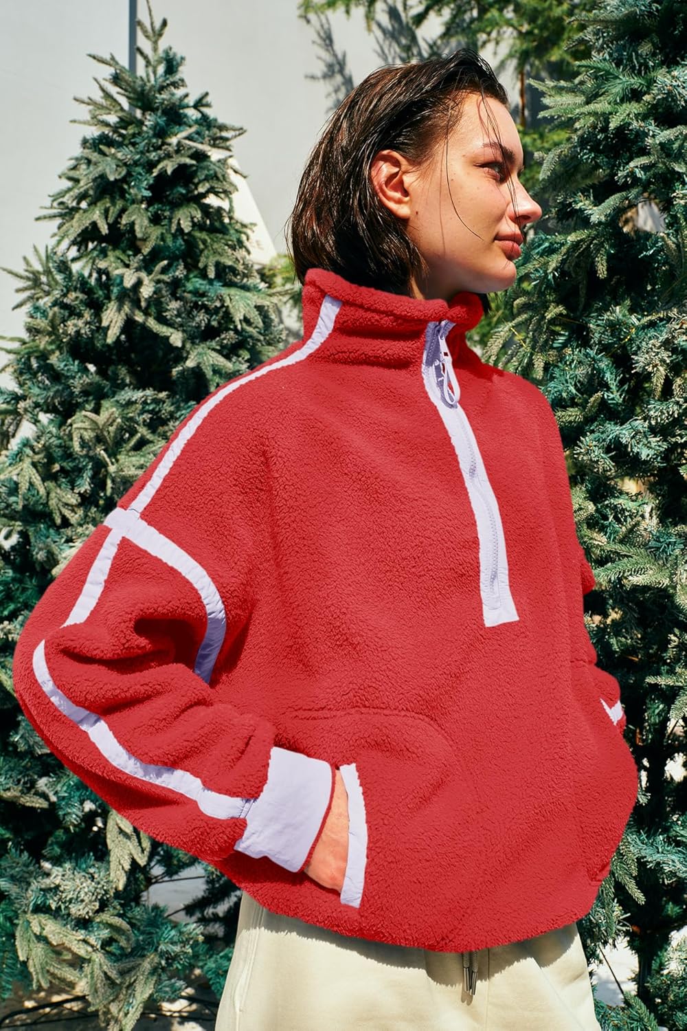 Panadila Women's Oversized Half Zip Sherpa Fleece Pullover Soft Fuzzy Sweatshirt with Pockets